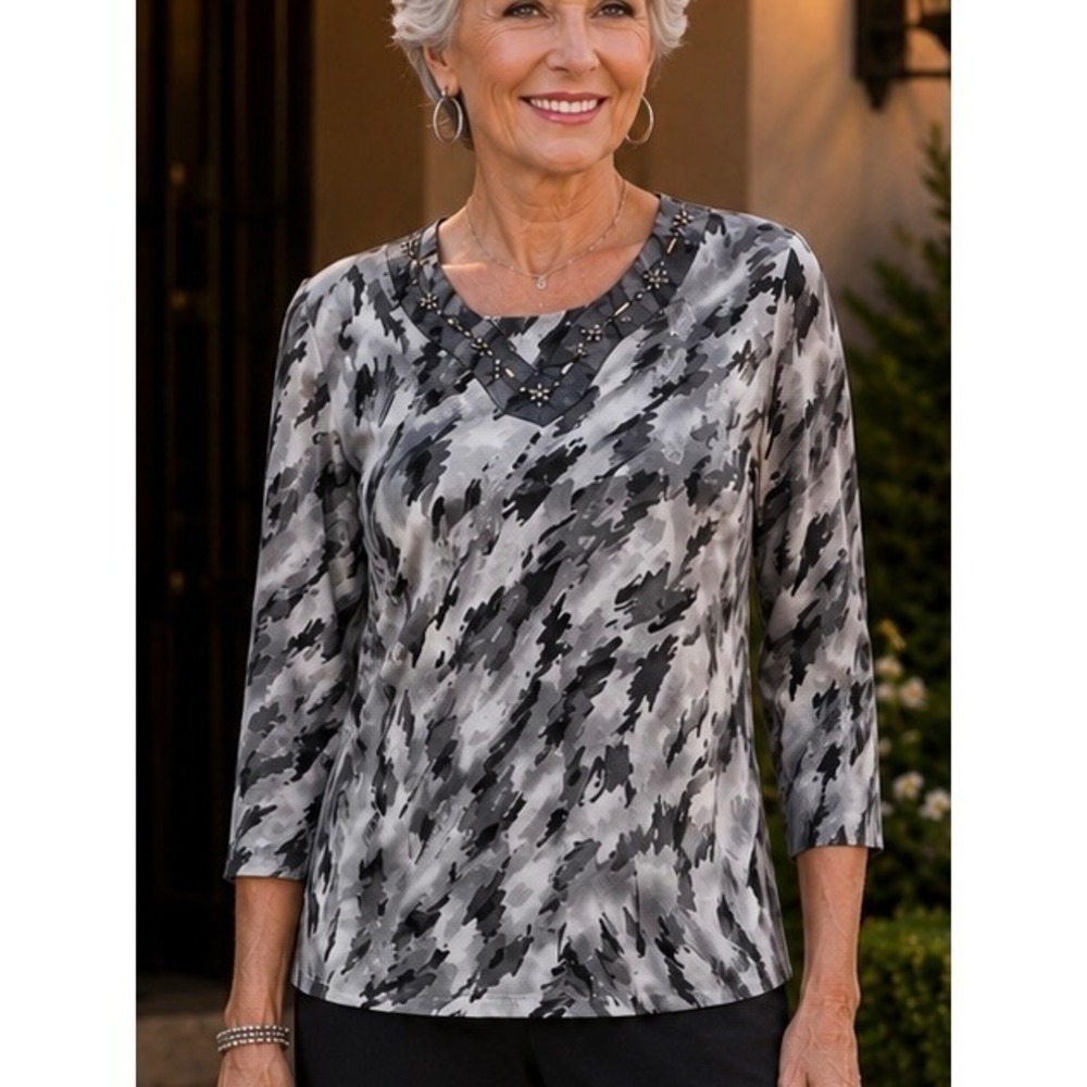 Alfred Dunner Womens Blouse Grey Abstract Embellished V-Neck Large Animal Print